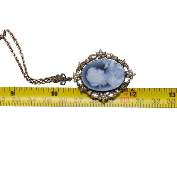 Vintage Carved Cameo Stauer Necklace Silver Ornate Frame Regencycore Coquette - Picture 9 of 11